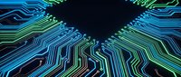 Futuristic microchip processor with glowing blue and green circuit board traces on dark background for technology and electronics design projects.