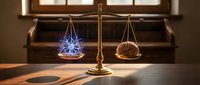 Golden scales of justice balancing glowing brain and walnut on wooden desk in warm courtroom setting symbolizing wisdom versus knowledge in legal decisions.