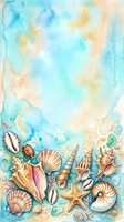 Watercolor seashells and starfish border on turquoise ocean background with coral pink accents for summer beach themed designs and coastal decor projects.