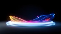 Glowing neon speedboat silhouette with colorful light trails on dark background, modern art style design for sports and recreation concepts.