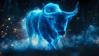 Glowing blue bull constellation in night sky with magical sparkles and nebula effects, mystical zodiac taurus symbol emerging from cosmic space.