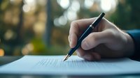 Close-up view of hand holding pen signing document on blurred natural background. Business agreement, legal contract or paperwork concept.