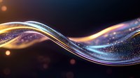 Glowing wavy lines with sparkles and particles flowing on dark background create dynamic motion effect with orange and blue light trails.