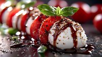 Fresh strawberry and mozzarella caprese appetizer with balsamic glaze, chocolate shavings and basil garnish on dark background, macro food photography.