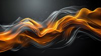 Glowing orange and gray smoke waves flow in abstract pattern against black background, creating dynamic fluid motion effect for modern design projects.