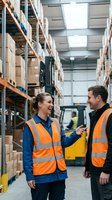 Two warehouse workers in safety vests having friendly conversation in modern distribution center with shelving and forklift in background.