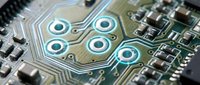 Close-up of circuit board with blue glowing components and metallic pathways, showcasing electronic technology and microchip design for tech, computing, and innovation concepts.