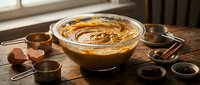 Homemade chocolate cake batter in mixing bowl with baking ingredients and copper molds on rustic wooden kitchen counter ready for dessert preparation.
