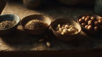 Rustic wooden bowls with assorted spices, seeds, and nuts arranged on weathered table surface in warm, moody lighting.