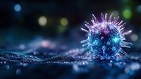 Microscopic virus particle with spiky protein surface glowing in blue and purple light against dark background for medical education and research presentations.