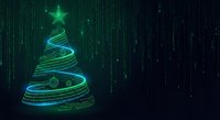 Digital Christmas tree made of glowing green code lines with star on top against dark tech background for holiday greeting cards and festive designs.