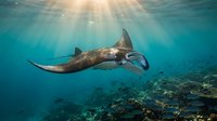 Majestic manta ray gliding gracefully through crystal clear tropical waters above vibrant coral reef with dramatic sunbeams piercing ocean surface.