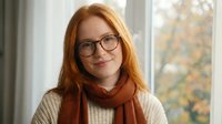 Young redhead woman with glasses and autumn scarf smiling warmly by window. Professional portrait for lifestyle and seasonal content.