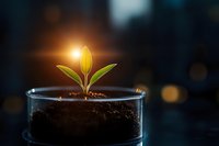 Young green sprout growing in glass container with soil, illuminated by warm sunlight against dark background with bokeh effect. Represents growth and new beginnings.