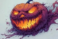 Glowing orange jack o lantern with sinister carved face emitting eerie smoke and mysterious purple mist against dark background, spooky Halloween seasonal artwork.