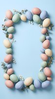 Easter egg frame with pastel colored eggs and delicate spring flowers on light blue background, copy space for holiday greeting design.