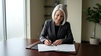 Confident senior Caucasian businesswoman signing documents at office desk, smiling, in formal suit, natural light background.