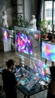 Designer working with holographic displays showing vibrant gradient artwork and color palettes in modern studio workspace with sculptures and plants.