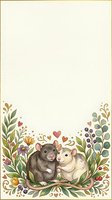 Adorable rat couple surrounded by floral wreath with hearts on cream background for romantic greeting cards and wedding invitations.
