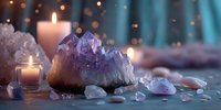 Amethyst crystal cluster with burning candles creating peaceful meditation atmosphere with warm bokeh lights for spiritual healing and wellness practices.