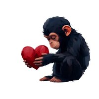 Baby chimpanzee holding red heart shape, cute monkey character with black fur on white isolated background for Valentine's day design elements.