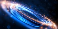 Glowing spiral of cosmic energy with blue light trails and golden particles swirling in dark space, creating dynamic motion effect for astronomy and science backgrounds.