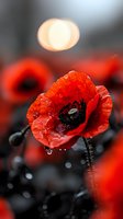 Red poppy flower with water drops in morning light against blurred background, dramatic macro photography with selective focus and bokeh effect creates moody atmosphere.
