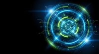 Futuristic digital interface with glowing blue and green circular HUD elements on dark background for technology and sci-fi design projects.