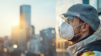 Young Caucasian man wearing protective face mask and shield against urban cityscape background during sunset with bokeh lights and modern buildings.