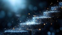 Glowing blue stairway with magical sparkles and light particles floating in dark space, creating mystical ascending path against black background.