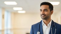 Professional South Asian male doctor in blue suit with stethoscope smiling confidently in modern hospital corridor for healthcare marketing materials.