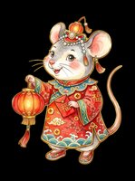 Cute cartoon mouse in traditional red festive outfit holding a lantern and red envelope, isolated on transparent background, for stickers, T-shirts, print on demand.