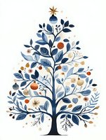 Stylized Christmas tree made of blue watercolor leaves and branches, decorated with orange and gold ornaments and star on top, artistic holiday botanical design.
