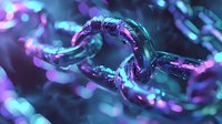 Glowing chain link in neon purple and blue colors with bokeh light effects on dark background, representing digital connectivity and blockchain technology.