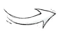 Hand drawn curved arrow pointing right with sketchy texture and rough edges on white background, isolated design element for graphic projects and presentations.