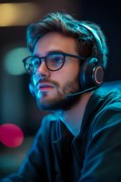 Young bearded man in glasses and headphones illuminated by vibrant cyan neon lighting against dark background, creating moody cyberpunk atmosphere for gaming or music content.