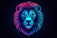 Majestic lion head with vibrant neon pink and blue gradient mane against dark background, glowing artistic style for modern design projects and merchandise.