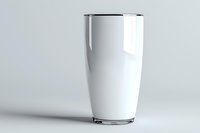 Empty white glass on light background, minimalist design with soft shadows and reflective surface. Isolated mockup for beverage presentation and branding.