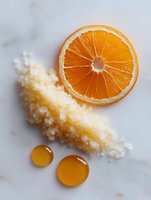 Fresh orange slice with crystalline sugar and honey drops on white marble background, minimalist food composition for culinary and wellness projects.