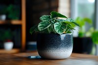 Monstera plant in modern gradient ceramic pot on wooden table, selective focus. Minimalist home decor with tropical houseplant in stylish black and white planter.
