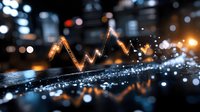Digital financial growth chart with glowing upward arrow trend against blurred city lights background for business analytics and investment presentations.