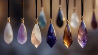 Collection of colorful crystal gemstone pendants hanging on gold chains displaying various cuts and hues for jewelry making and accessories design.