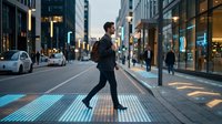 Young professional man walking across illuminated crosswalk in modern city street at dusk with glowing lights and urban architecture background.