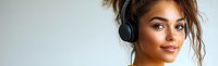 Young mixed race woman with curly hair wearing wireless headphones smiles confidently against light background, panoramic crop for advertising and web banners.