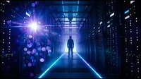 Silhouette of male professional standing in futuristic server room corridor with glowing blue digital data streams and network technology visualization for IT infrastructure and cybersecurity concepts.