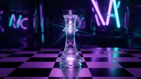 Glass chess king piece glowing on checkboard with neon lights and futuristic cyberpunk atmosphere for gaming and strategy concepts.