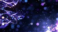 Magical cosmic background with glowing purple and blue particles, shimmering bokeh lights and ethereal energy streams flowing through dark space. Suitable for fantasy designs.