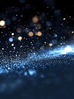 Magical glowing particles and bokeh lights scattered on dark background with blue luminous wave effect create dreamy atmospheric composition.