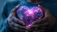 Glowing purple heart shape with sparkles and magical energy floating between dark-skinned hands against blue background, symbolizing love and spirituality.