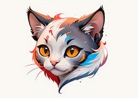 Artistic cat portrait with orange eyes and colorful fur markings in white, gray, red and blue tones on light background, stylized fantasy feline character design.